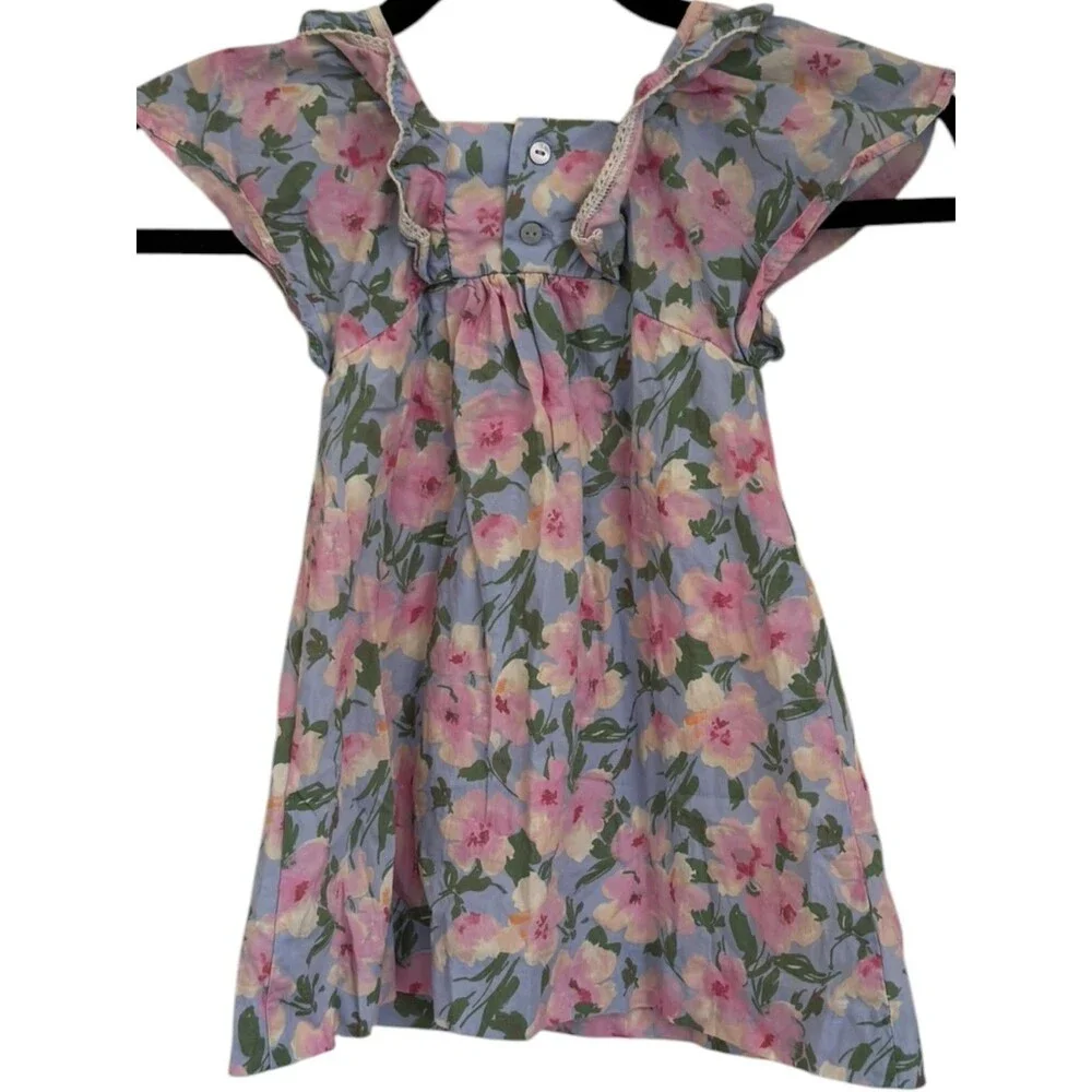 ZARA Girls Floral Dress 4 Years 104cm Blue Pink Flower Puff Sleeve Vintage